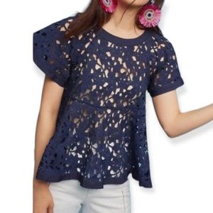 Anthropologie Eri + Ali Remy Floral Swing Eyelet Short Sleeve Top Navy Size XS